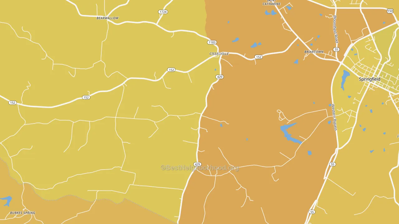 Map of the best neighborhoods in the Cisselville area, with better matches in green and worse matches in red