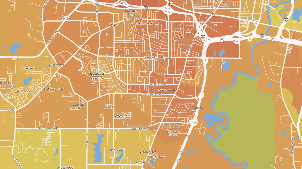 Map of the best neighborhoods in the Citizens Southwest, Jackson area, with better matches in green and worse matches in red