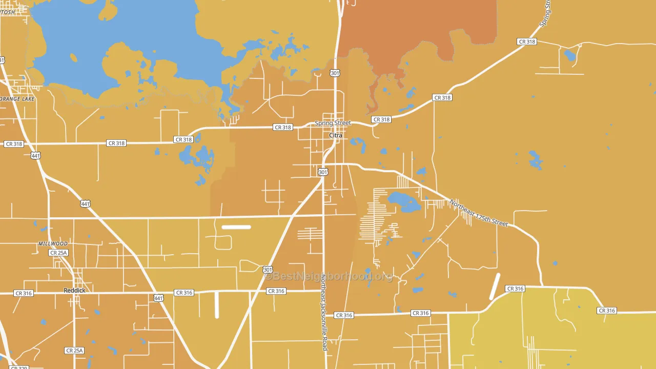 Map of the best neighborhoods in the Citra area, with better matches in green and worse matches in red