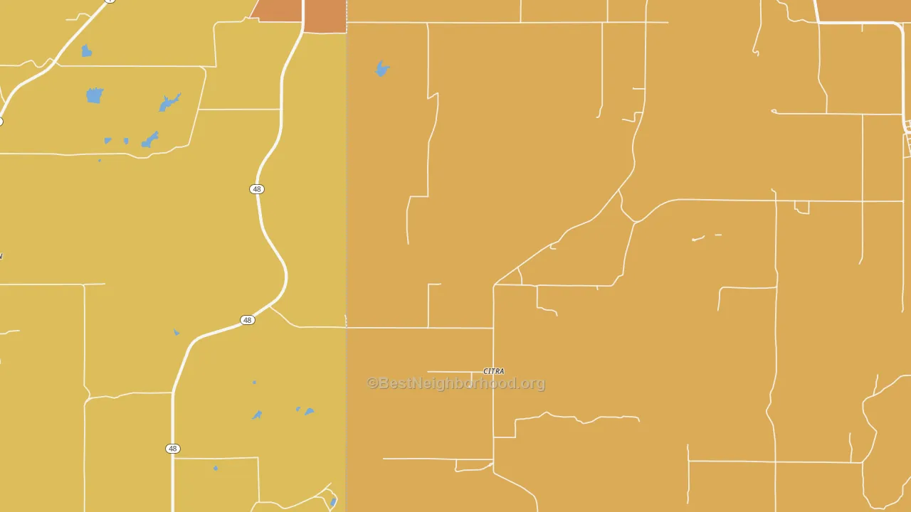 Map of the best neighborhoods in the Citra area, with better matches in green and worse matches in red