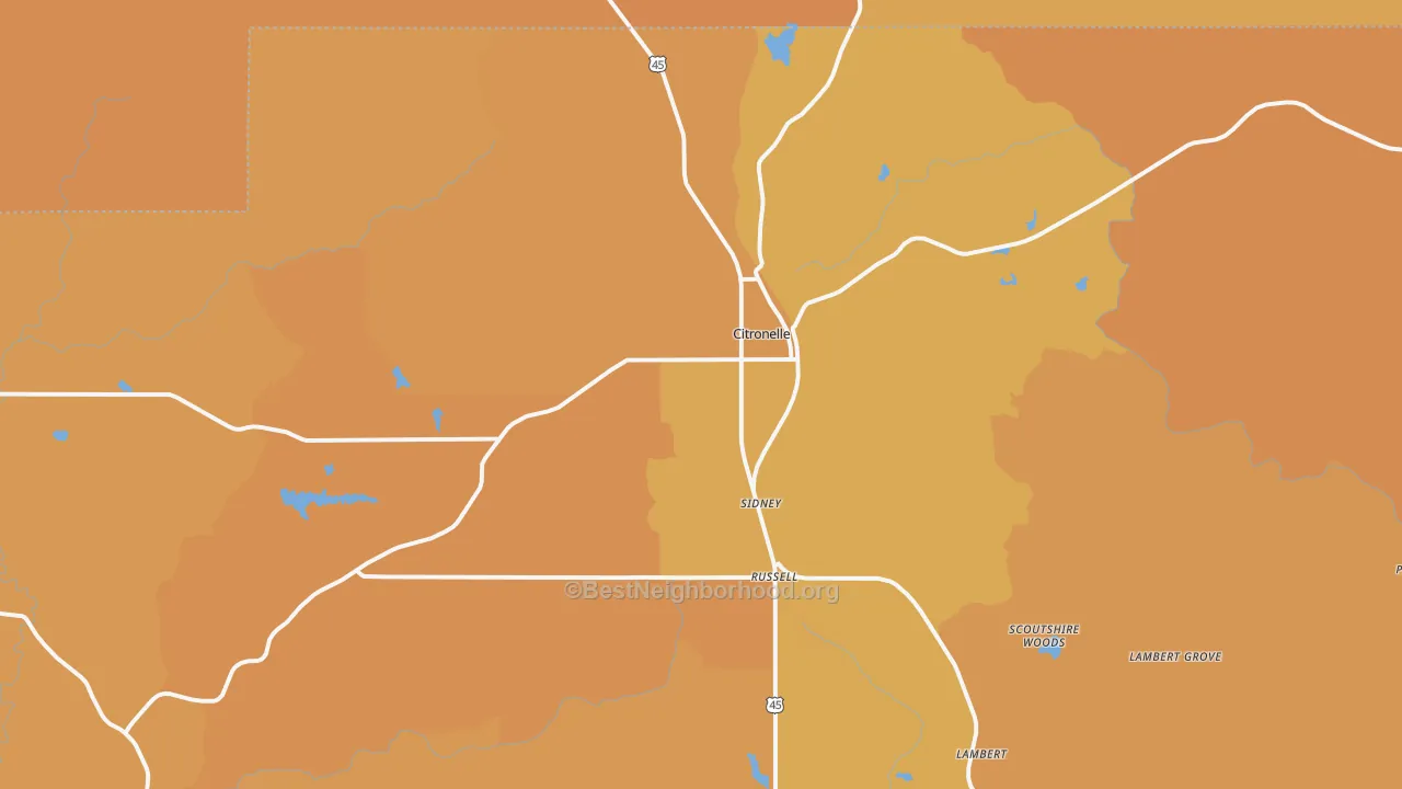 Map of the best neighborhoods in the Citronelle area, with better matches in green and worse matches in red