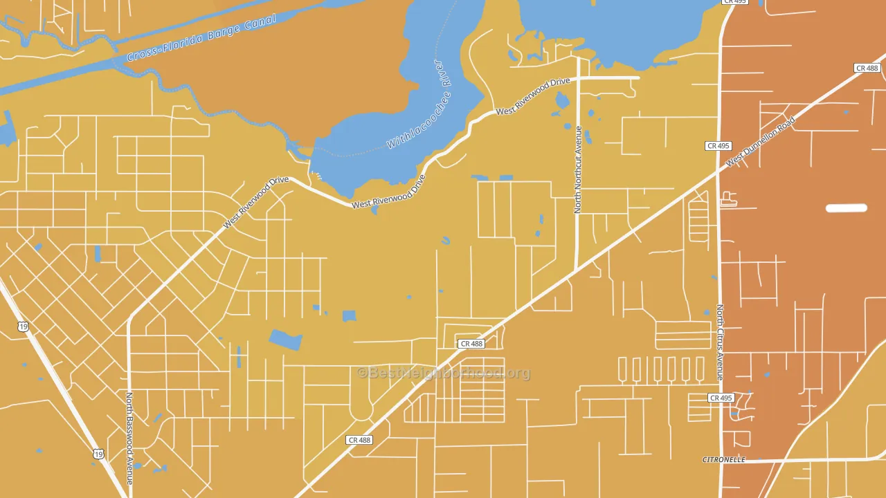 Map of the best neighborhoods in the Citronelle area, with better matches in green and worse matches in red