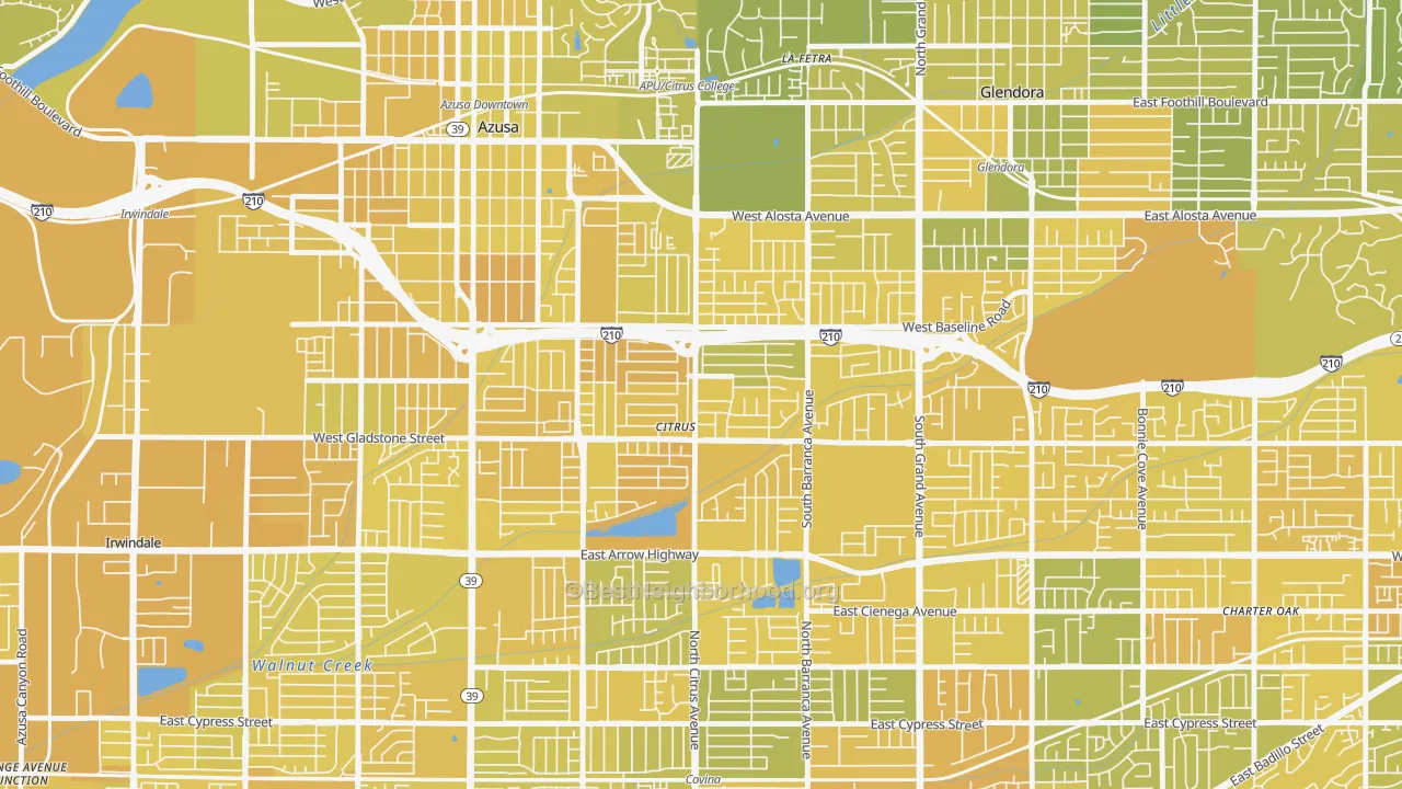 Map of the best neighborhoods in the Citrus area, with better matches in green and worse matches in red