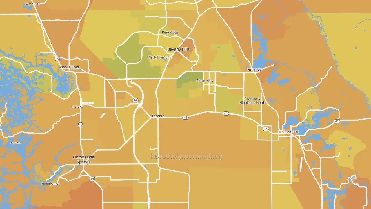 Map of the best neighborhoods in the Citrus County area, with better matches in green and worse matches in red