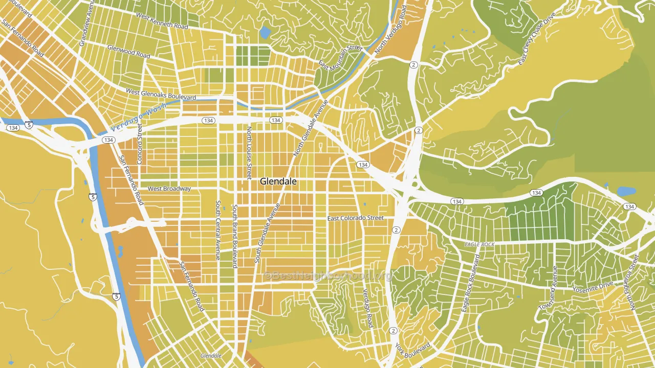 Map of the best neighborhoods in the Citrus Grove, Glendale area, with better matches in green and worse matches in red