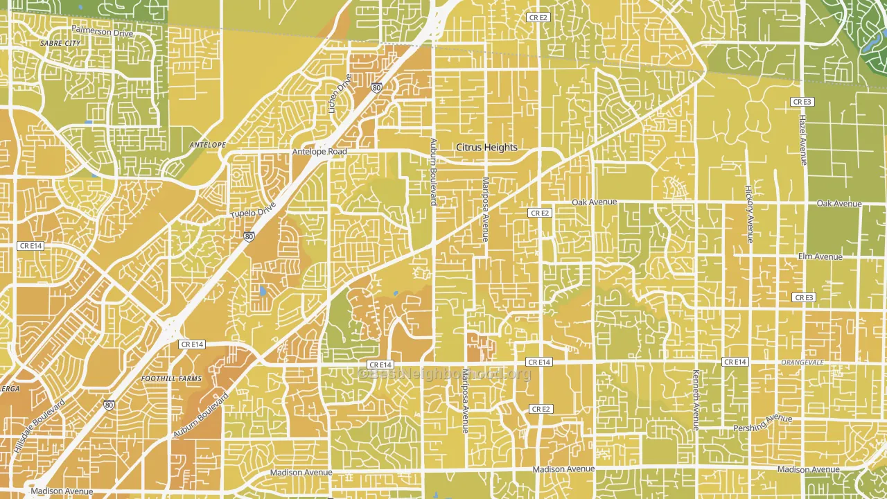 Map of the best neighborhoods in the Citrus Heights area, with better matches in green and worse matches in red