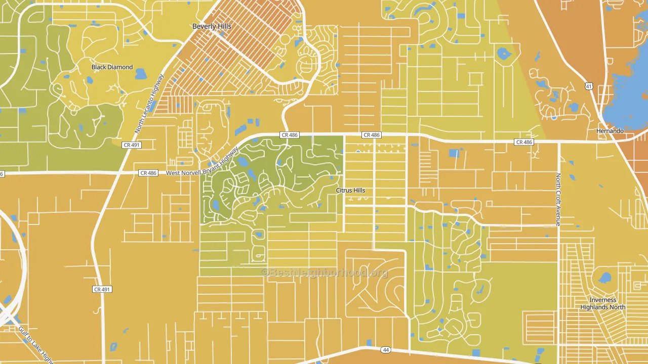 Map of the best neighborhoods in the Citrus Hills area, with better matches in green and worse matches in red