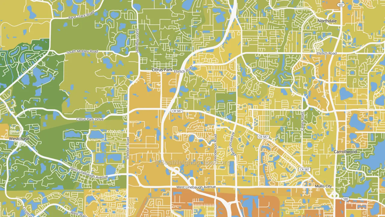 Map of the best neighborhoods in the Citrus Park area, with better matches in green and worse matches in red