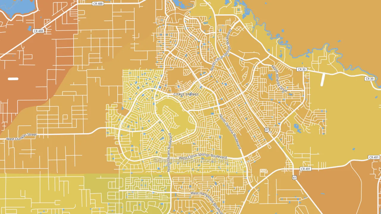 Map of the best neighborhoods in the Citrus Springs area, with better matches in green and worse matches in red