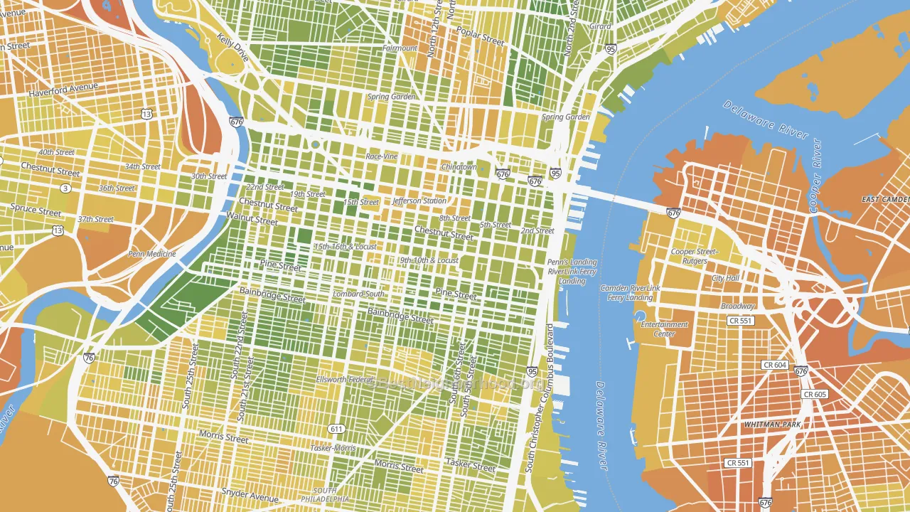 Map of the best neighborhoods in the City Center East, Philadelphia area, with better matches in green and worse matches in red