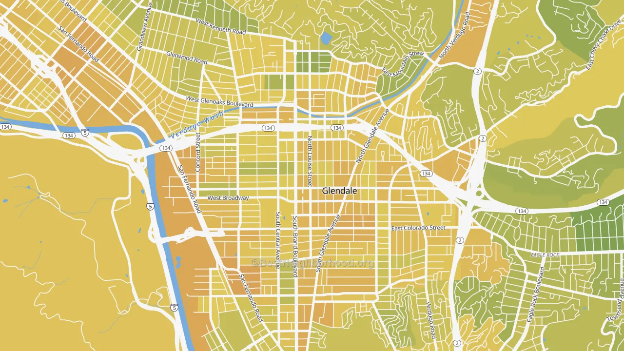 Map of the best neighborhoods in the City Center, Glendale area, with better matches in green and worse matches in red