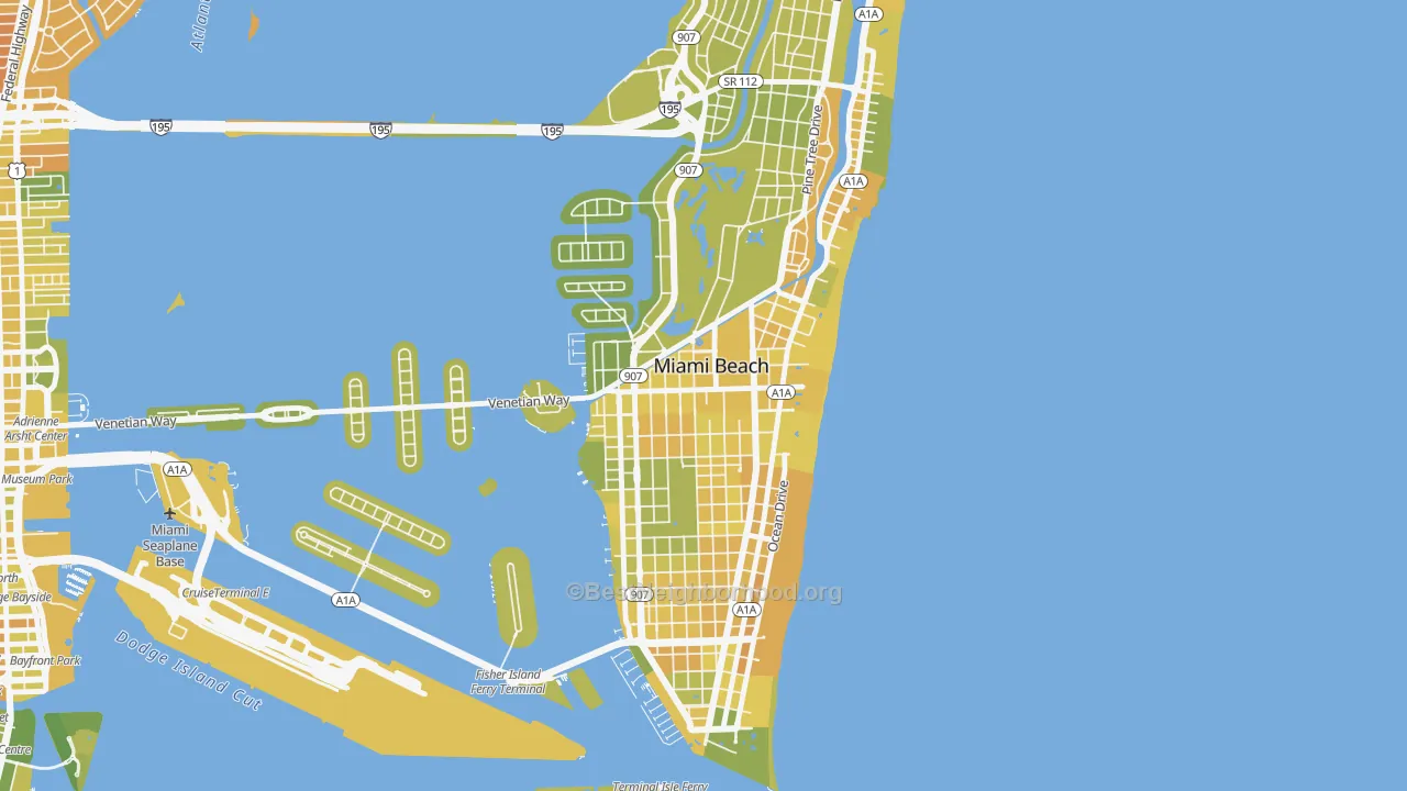 Map of the best neighborhoods in the City Center, Miami Beach area, with better matches in green and worse matches in red