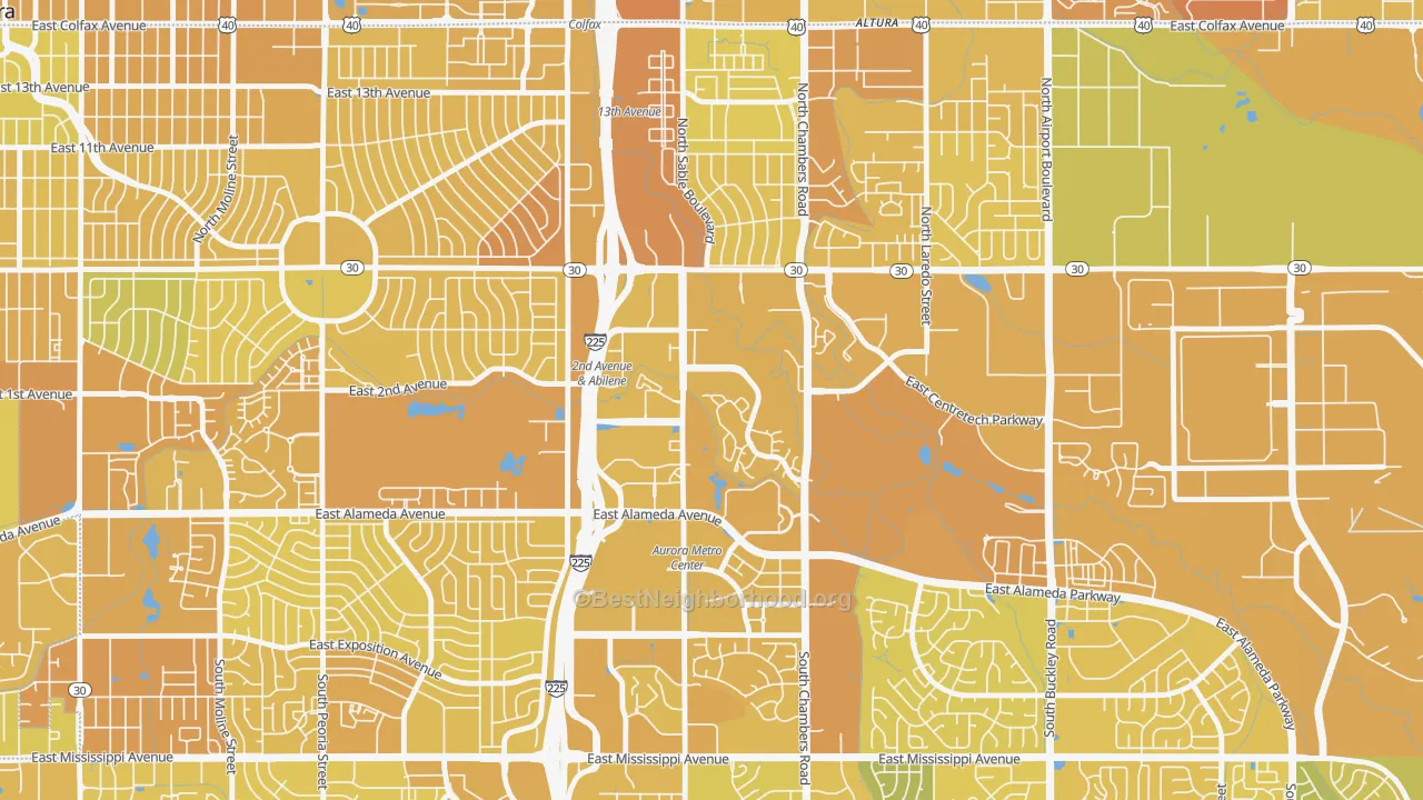Map of the best neighborhoods in the City Center North, Aurora area, with better matches in green and worse matches in red