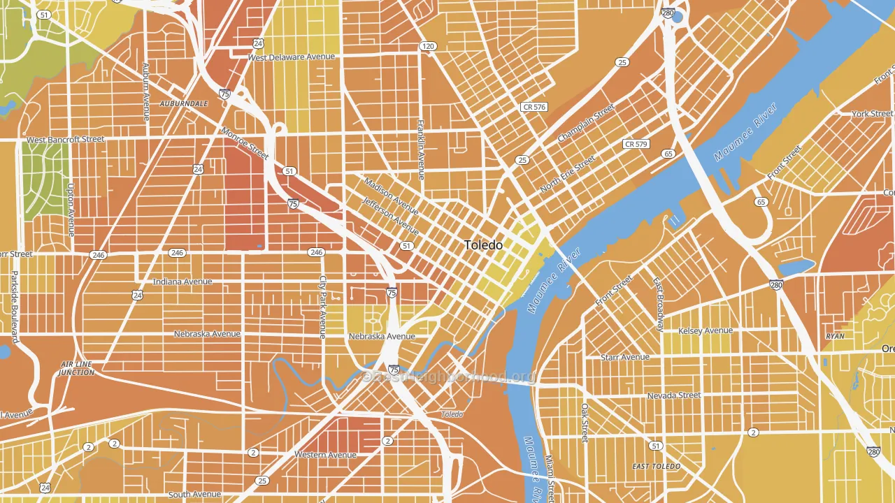 Map of the best neighborhoods in the City Center, Toledo area, with better matches in green and worse matches in red