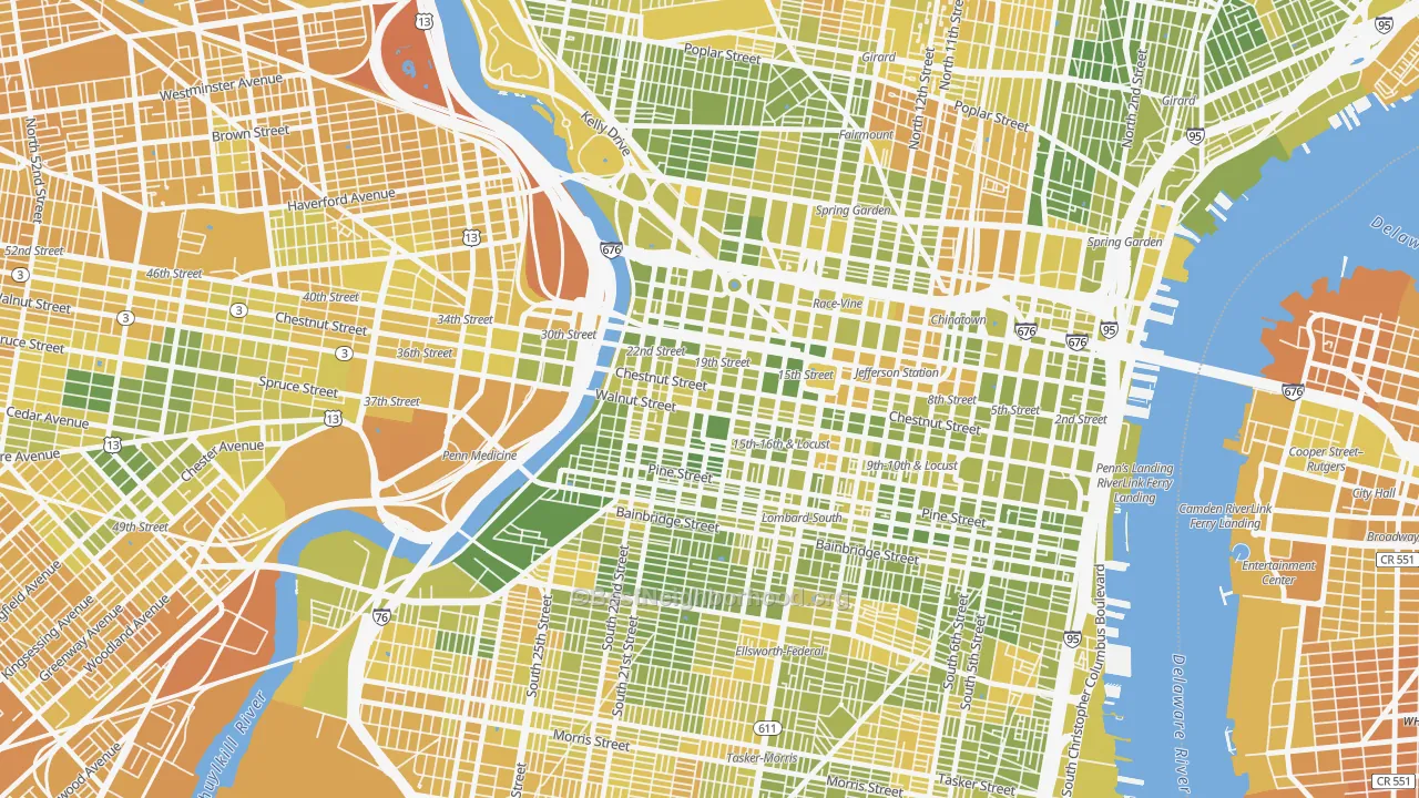 Map of the best neighborhoods in the City Center West, Philadelphia area, with better matches in green and worse matches in red