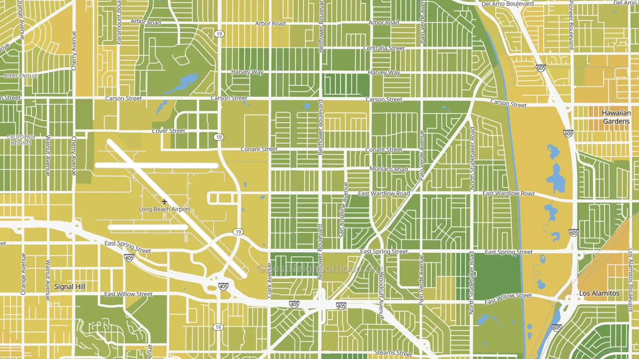 Map of the best neighborhoods in the City College Area, Long Beach area, with better matches in green and worse matches in red
