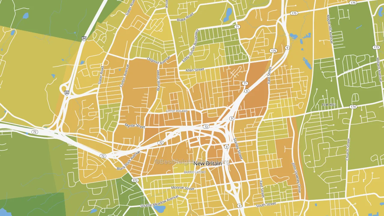 Map of the best neighborhoods in the City Hall Monument District, New Britain area, with better matches in green and worse matches in red