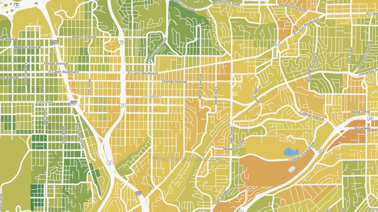 Map of the best neighborhoods in the City Heights East, San Diego area, with better matches in green and worse matches in red