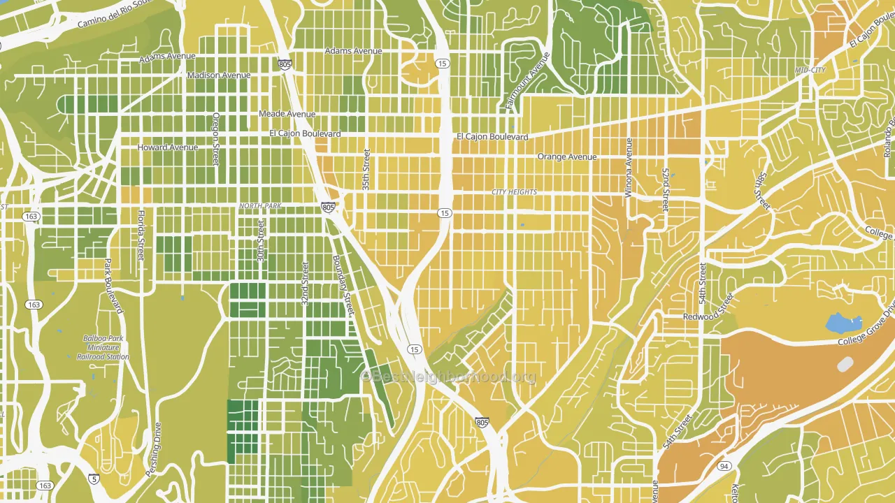 Map of the best neighborhoods in the City Heights West, San Diego area, with better matches in green and worse matches in red