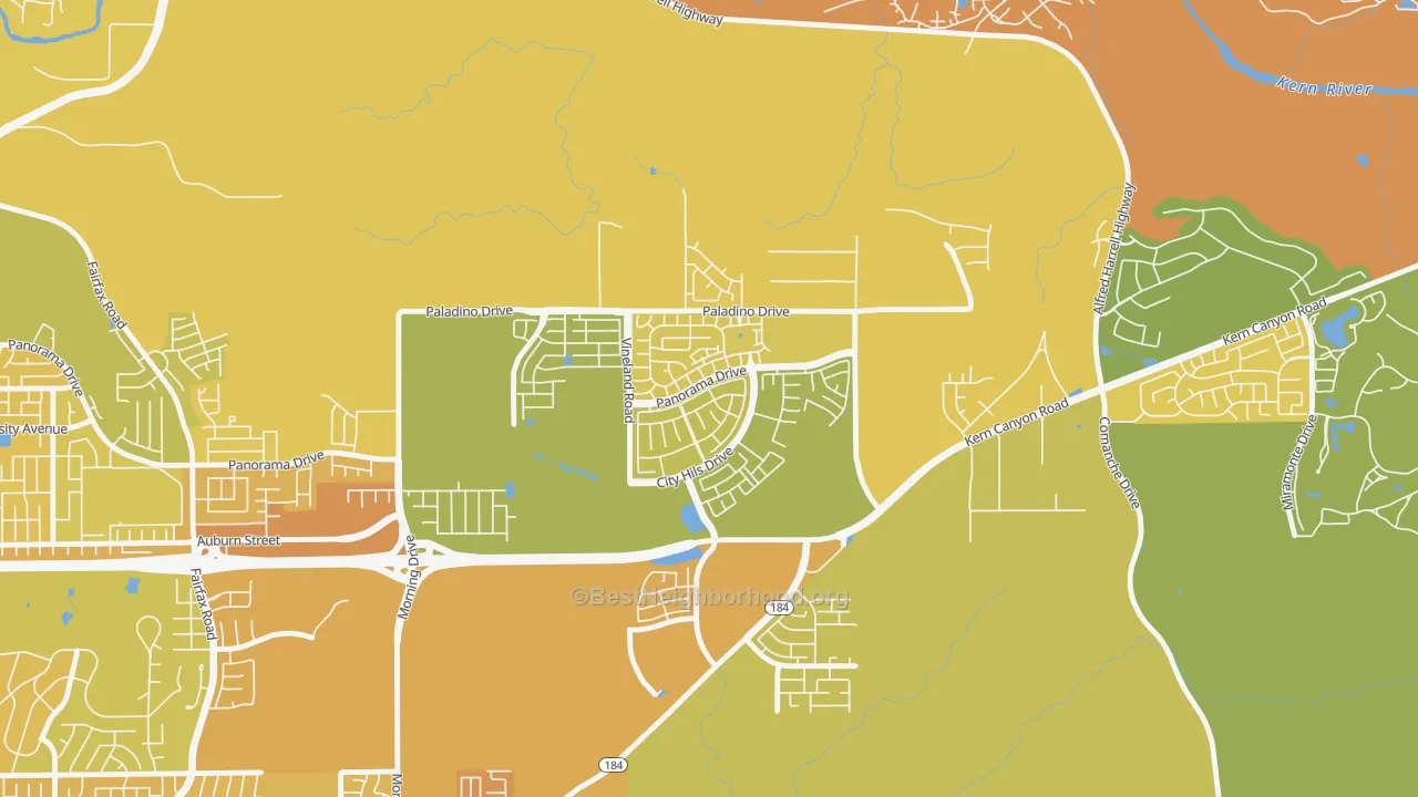 Map of the best neighborhoods in the City in the Hills, Bakersfield area, with better matches in green and worse matches in red