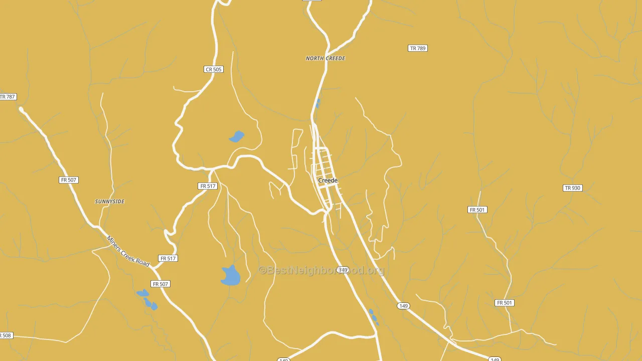 Map of the best neighborhoods in the City of Creede area, with better matches in green and worse matches in red