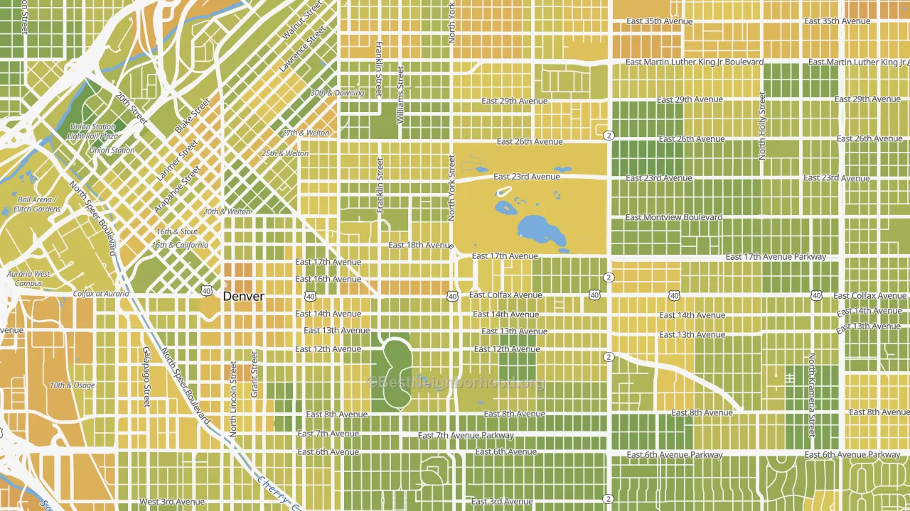 Map of the best neighborhoods in the City Park, Denver area, with better matches in green and worse matches in red
