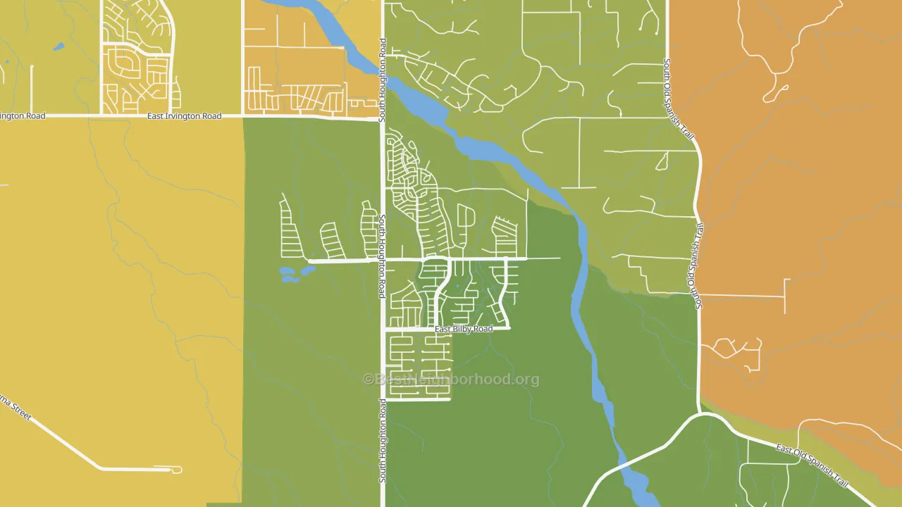 Map of the best neighborhoods in the Civano, Tucson area, with better matches in green and worse matches in red