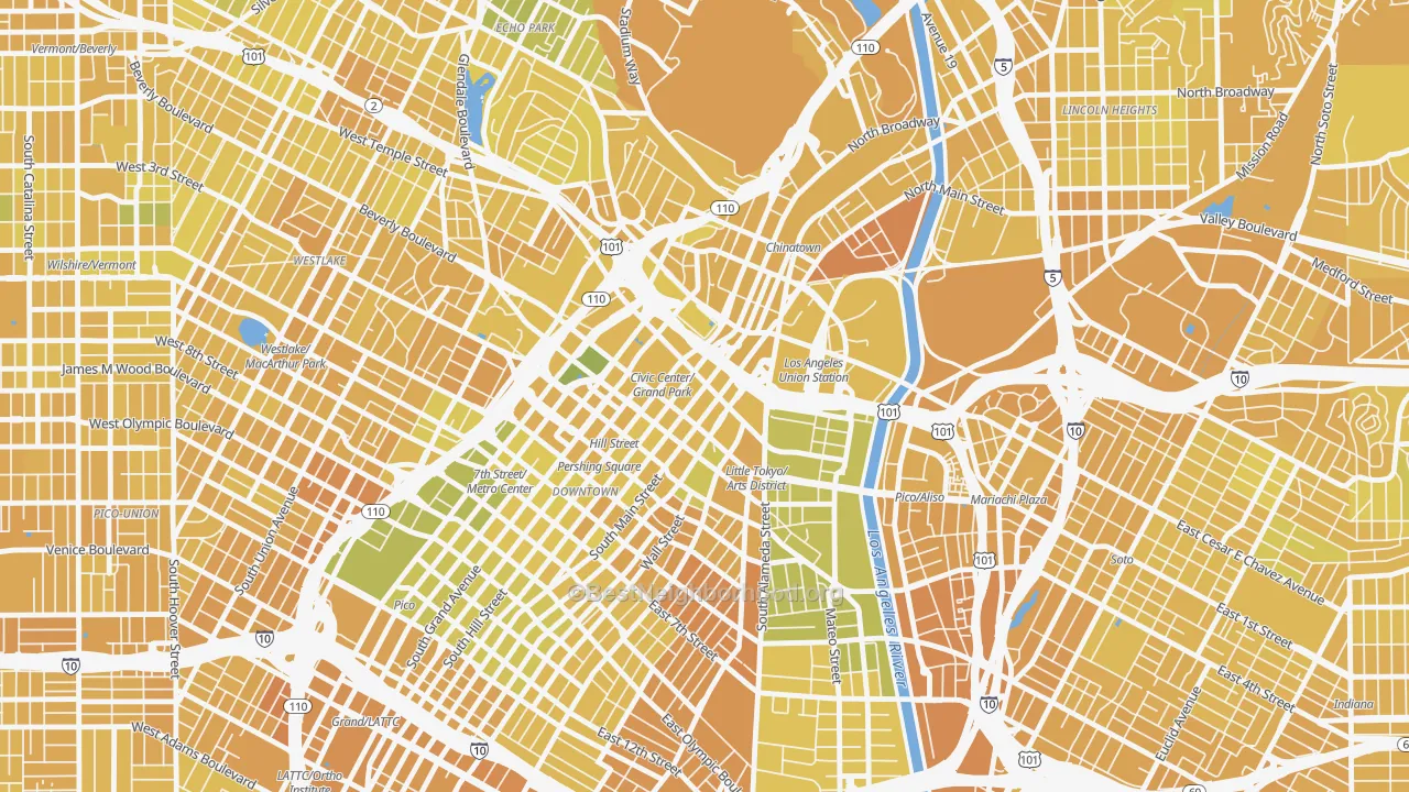 Map of the best neighborhoods in the Civic Center Little Tokyo, Los Angeles area, with better matches in green and worse matches in red