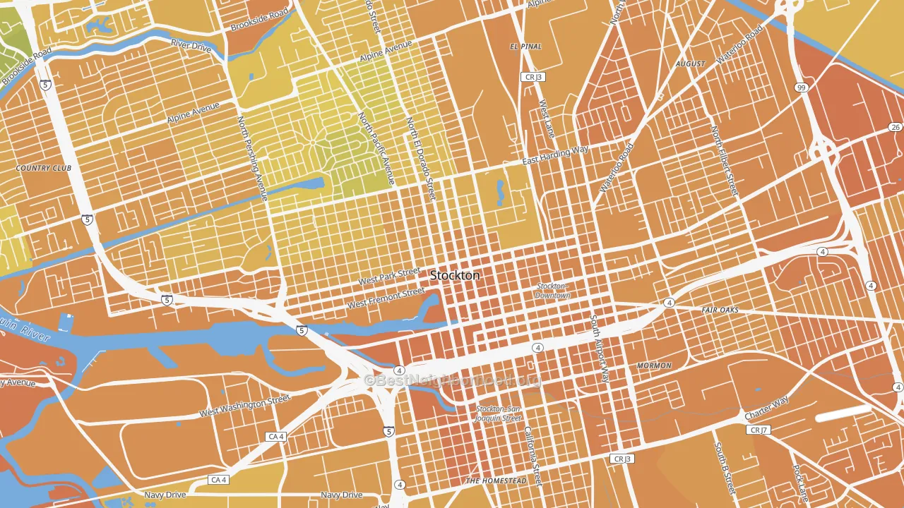 Map of the best neighborhoods in the Civic Center, Stockton area, with better matches in green and worse matches in red