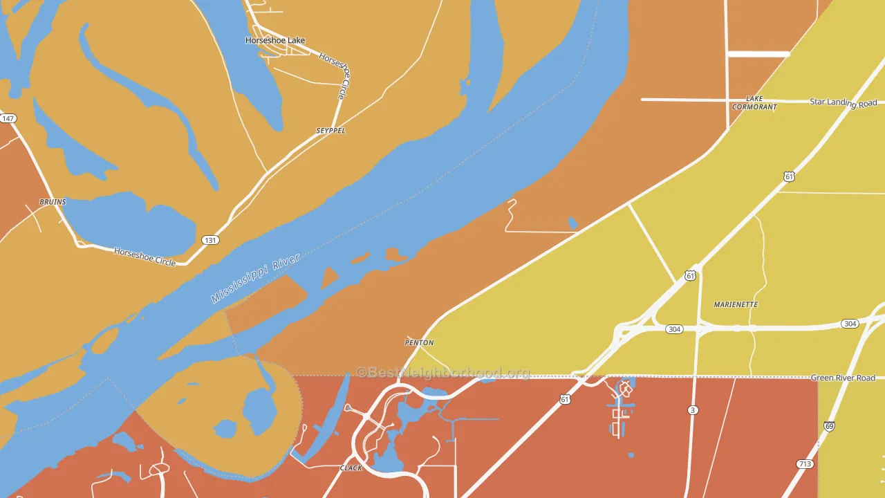 Map of the best neighborhoods in the Clack area, with better matches in green and worse matches in red