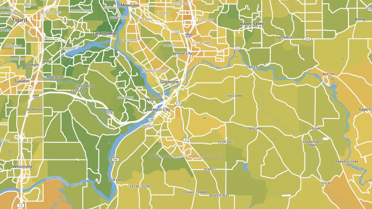 Map of the best neighborhoods in the Clackamas County area, with better matches in green and worse matches in red