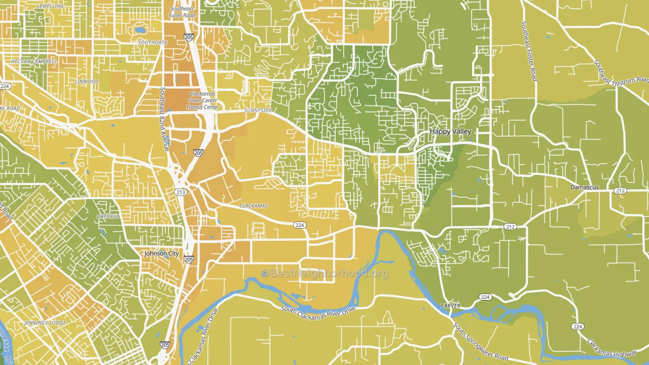 Map of the best neighborhoods in the Clackamas area, with better matches in green and worse matches in red