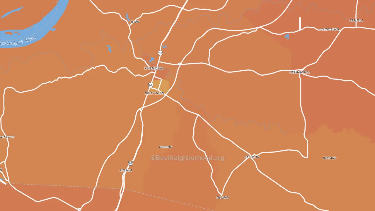 Map of the best neighborhoods in the Claiborne County area, with better matches in green and worse matches in red