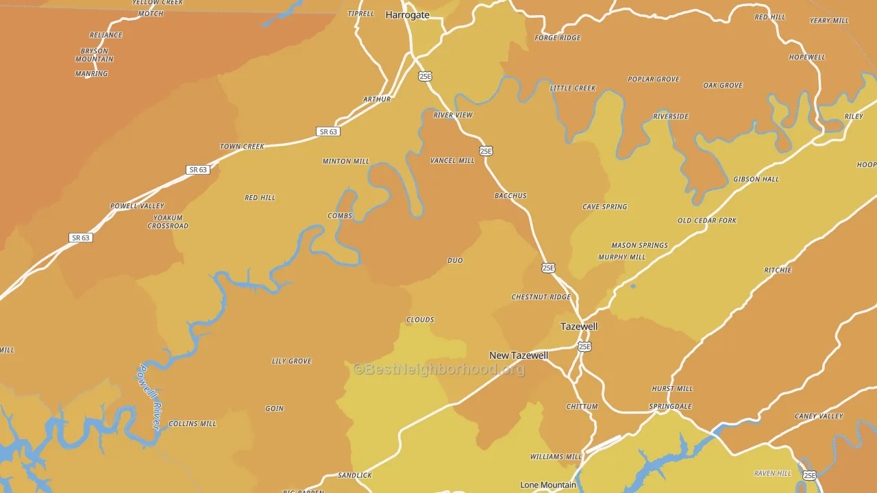 Map of the best neighborhoods in the Claiborne County area, with better matches in green and worse matches in red