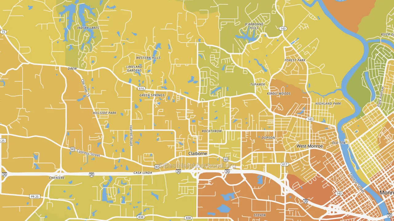 Map of the best neighborhoods in the Claiborne area, with better matches in green and worse matches in red