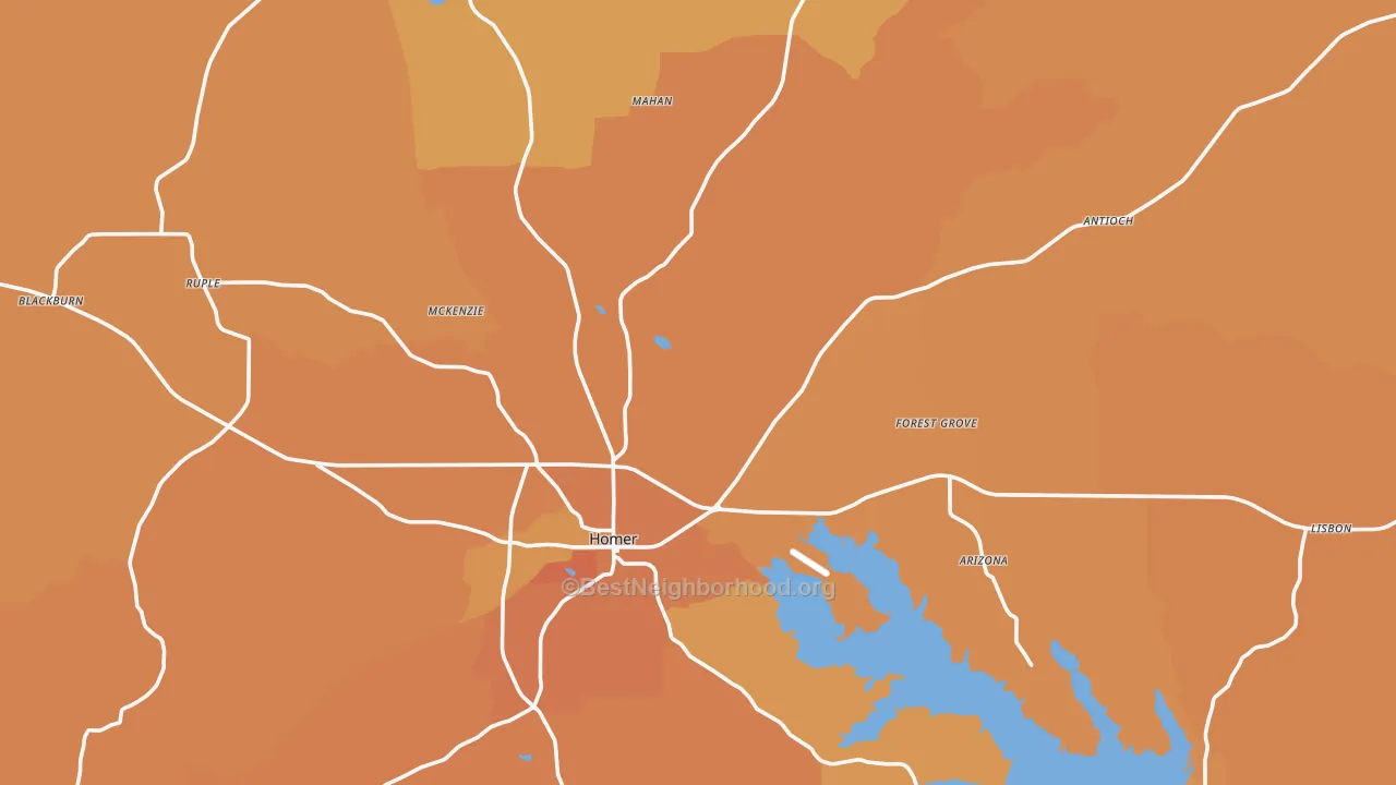 Map of the best neighborhoods in the Claiborne Parish area, with better matches in green and worse matches in red