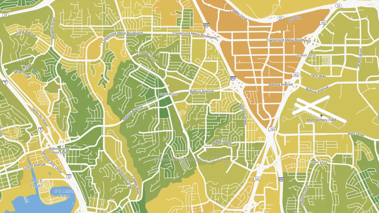 Map of the best neighborhoods in the Clairemont Mesa, San Diego area, with better matches in green and worse matches in red