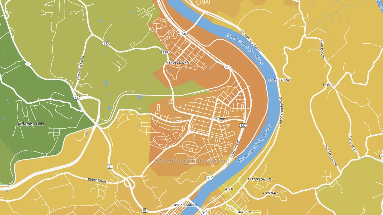 Map of the best neighborhoods in the Clairton area, with better matches in green and worse matches in red