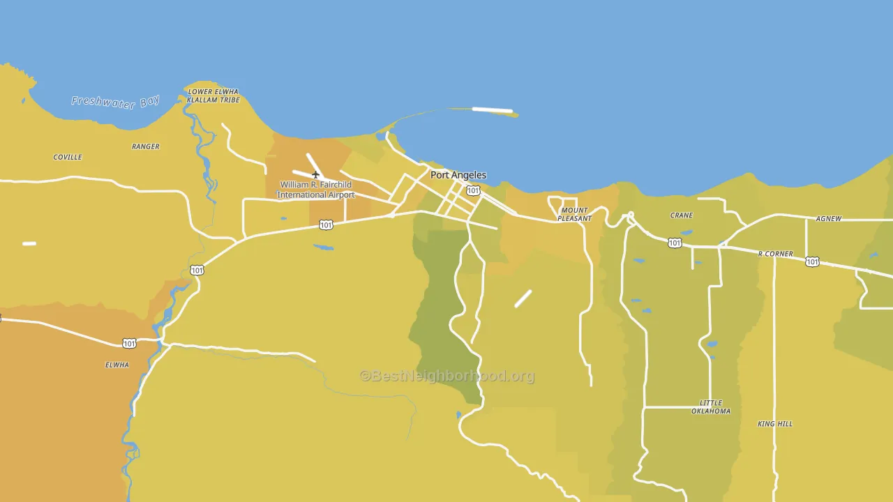 Map of the best neighborhoods in the Clallam County area, with better matches in green and worse matches in red
