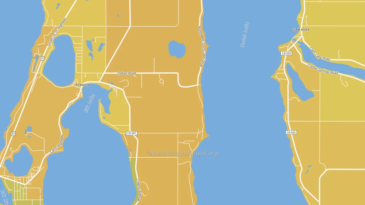 Map of the best neighborhoods in the Clam River area, with better matches in green and worse matches in red