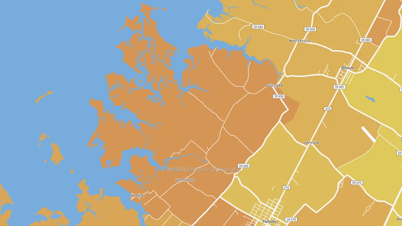 Map of the best neighborhoods in the Clam area, with better matches in green and worse matches in red
