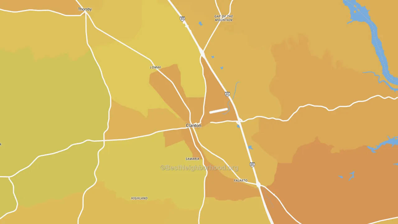 Map of the best neighborhoods in the Clanton area, with better matches in green and worse matches in red