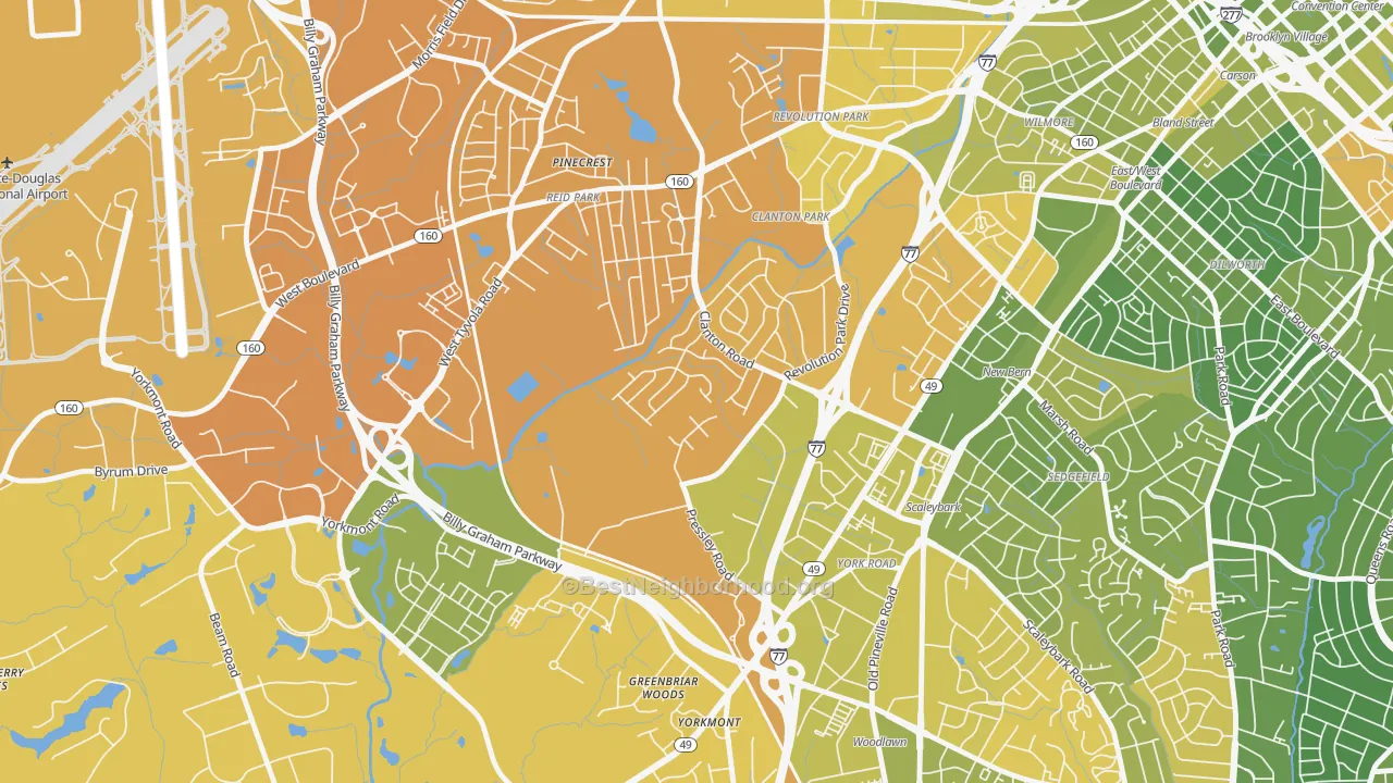 Map of the best neighborhoods in the Clanton Park-Roseland, Charlotte area, with better matches in green and worse matches in red