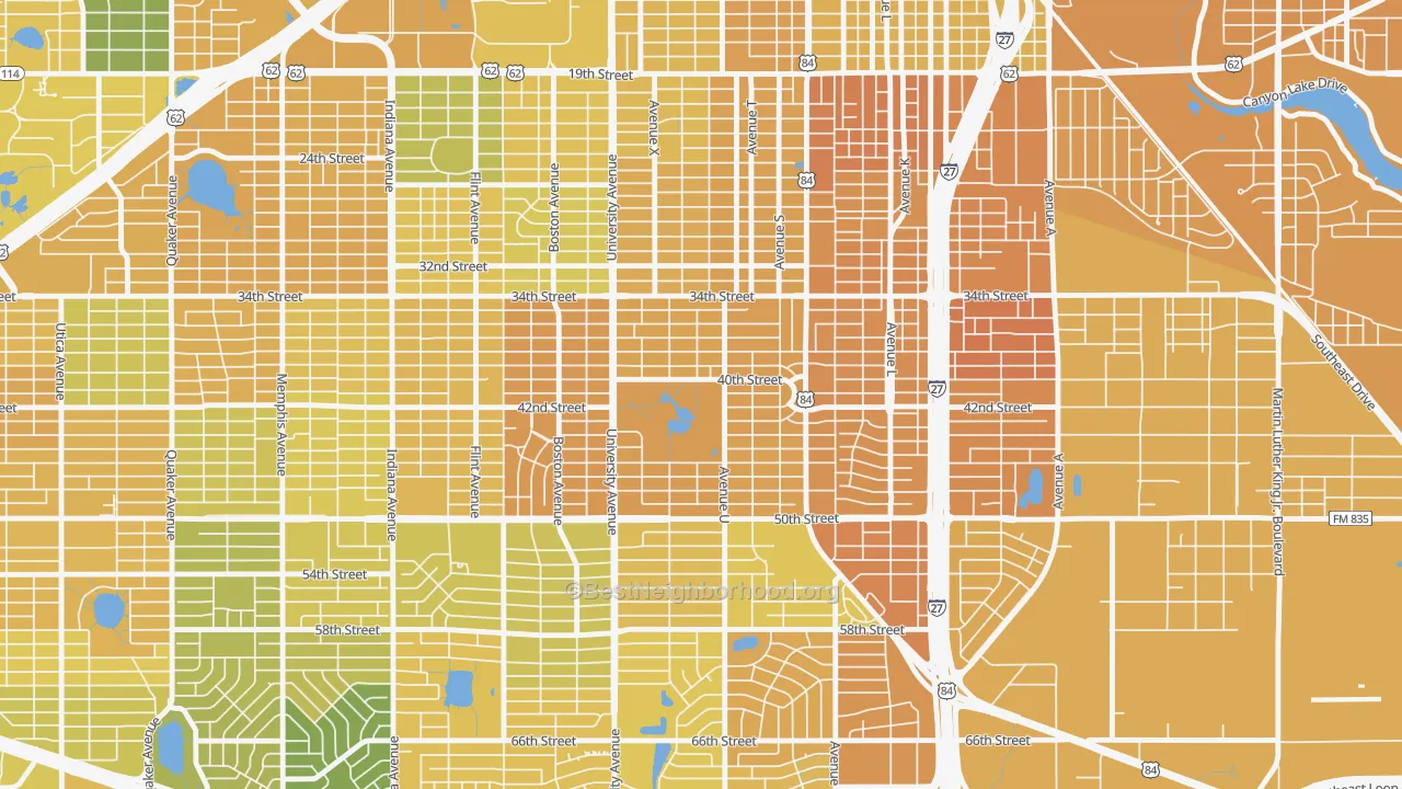 Map of the best neighborhoods in the Clapp Park, Lubbock area, with better matches in green and worse matches in red