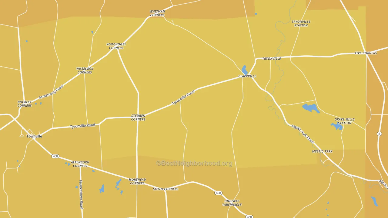 Map of the best neighborhoods in the Clappville area, with better matches in green and worse matches in red