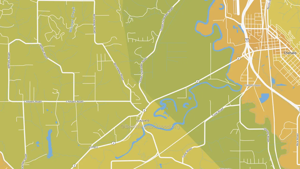 Map of the best neighborhoods in the Claquato area, with better matches in green and worse matches in red
