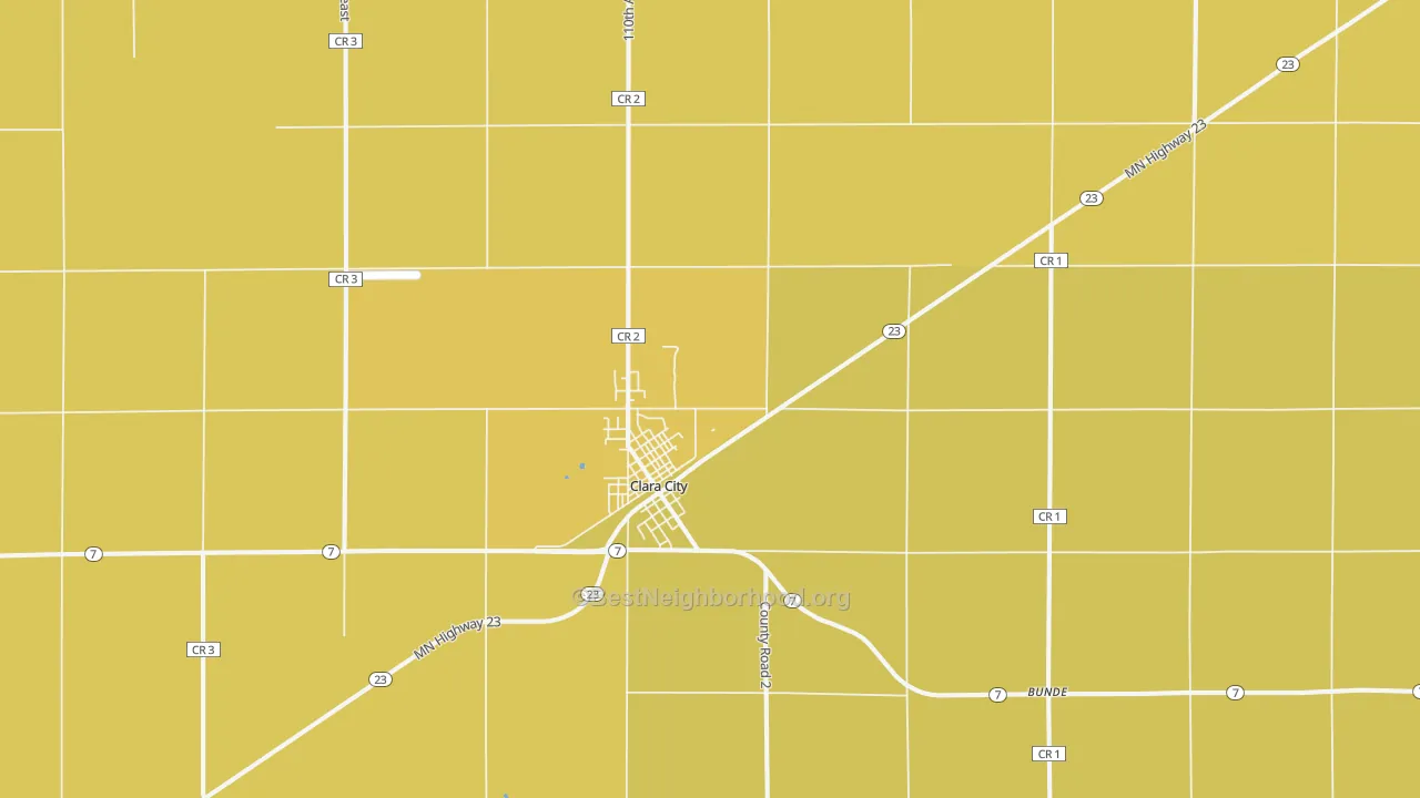 Map of the best neighborhoods in the Clara City area, with better matches in green and worse matches in red