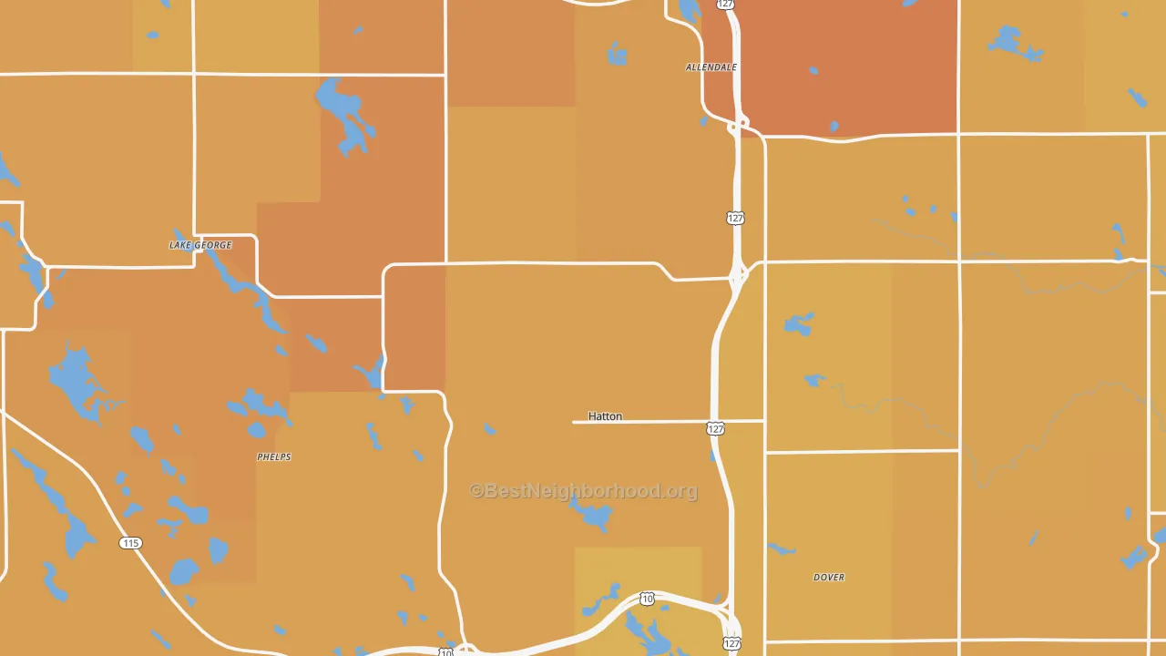 Map of the best neighborhoods in the Clare County area, with better matches in green and worse matches in red