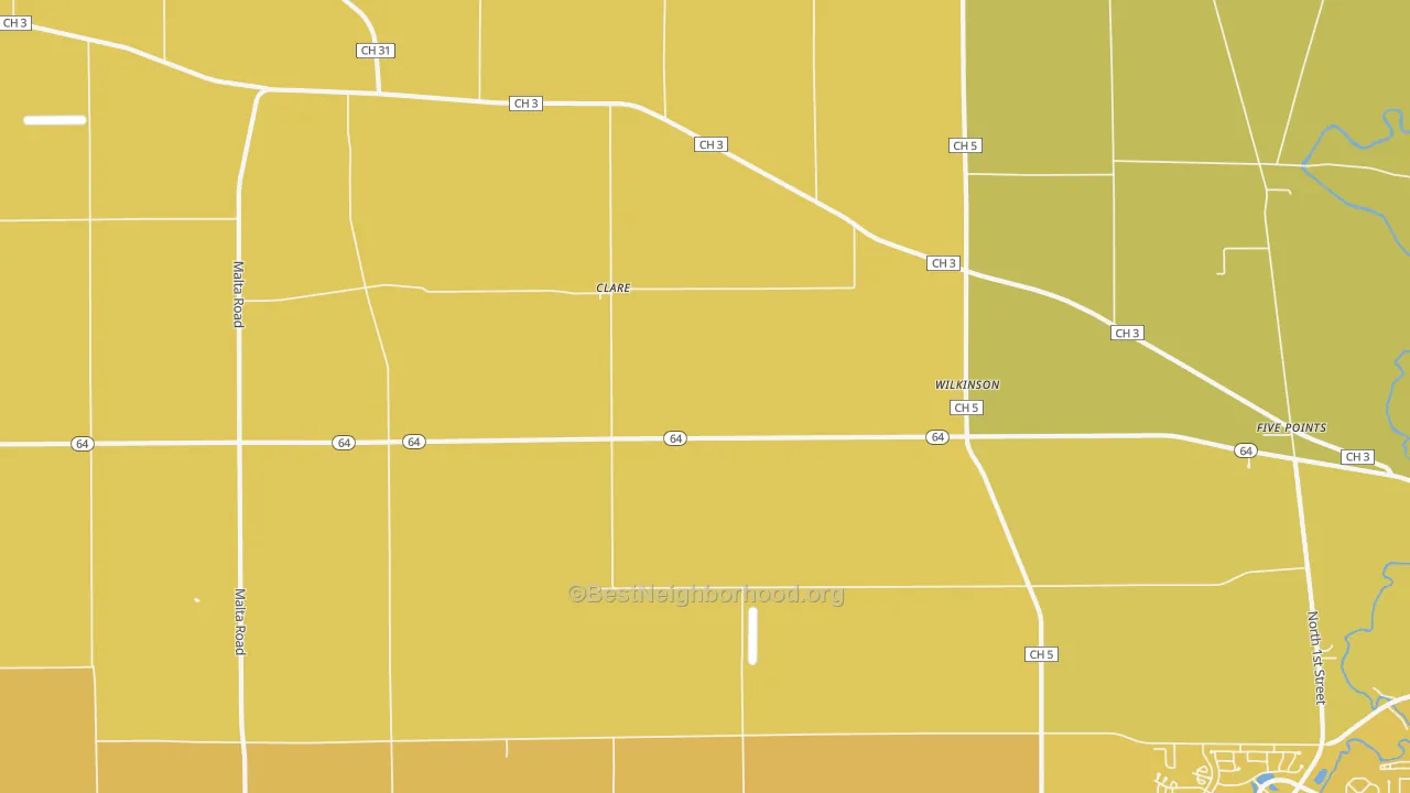 Map of the best neighborhoods in the Clare area, with better matches in green and worse matches in red