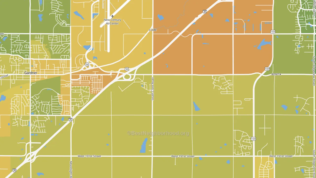 Map of the best neighborhoods in the Clare area, with better matches in green and worse matches in red